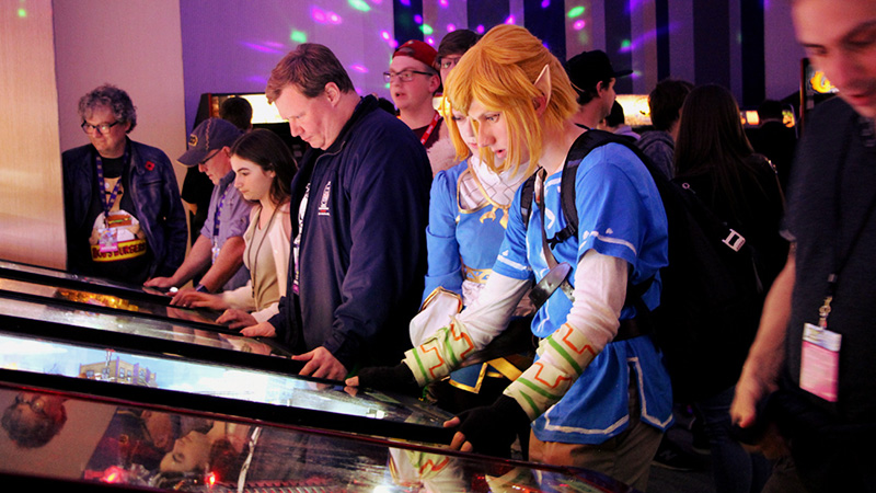 Hal-Con attendee cosplaying as Link playing a pinball machine.